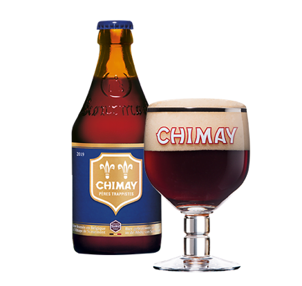Bottle and goblet of Chimay Blue Trappist beer