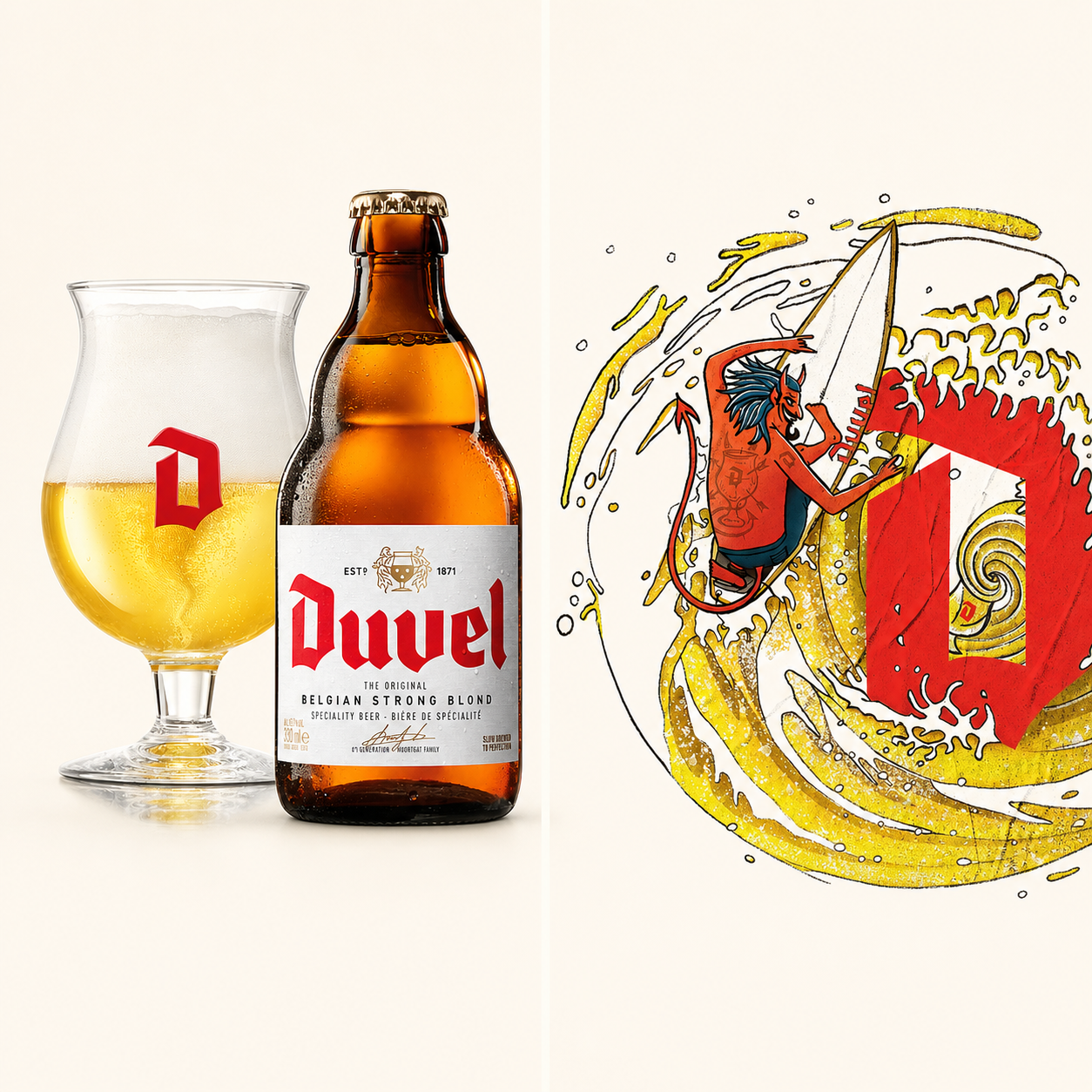 Duvel bottle and tulip glass beside the devilish Tornado Surfer artwork