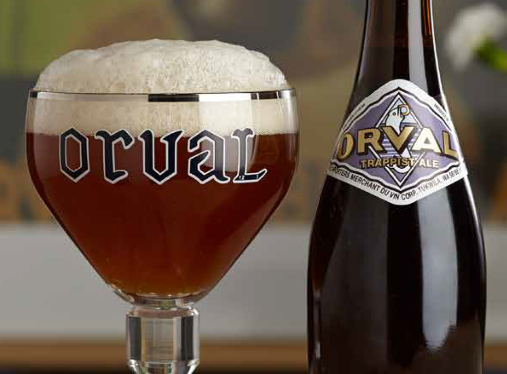 Orval Trappist beer bottle and distinctive chalice