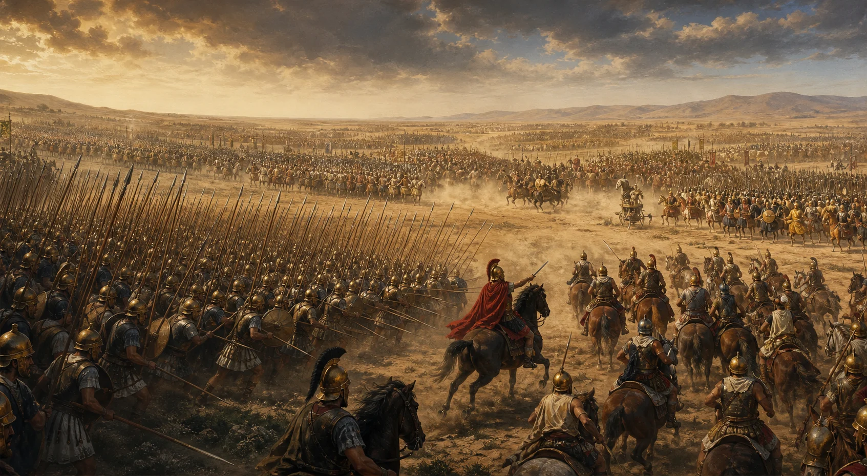 Historically inspired panorama of the Battle of Gaugamela with the Macedonian phalanx and Companion cavalry advancing against a wider Persian army