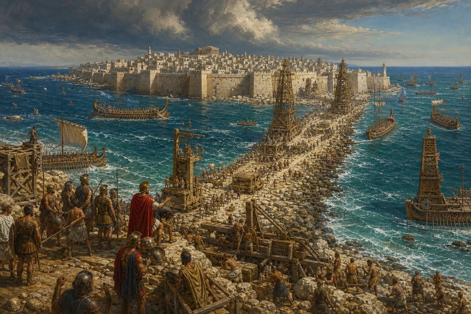 Historically inspired panorama of the Siege of Tyre showing Macedonian engineers, ships, siege towers and the causeway approaching the island city