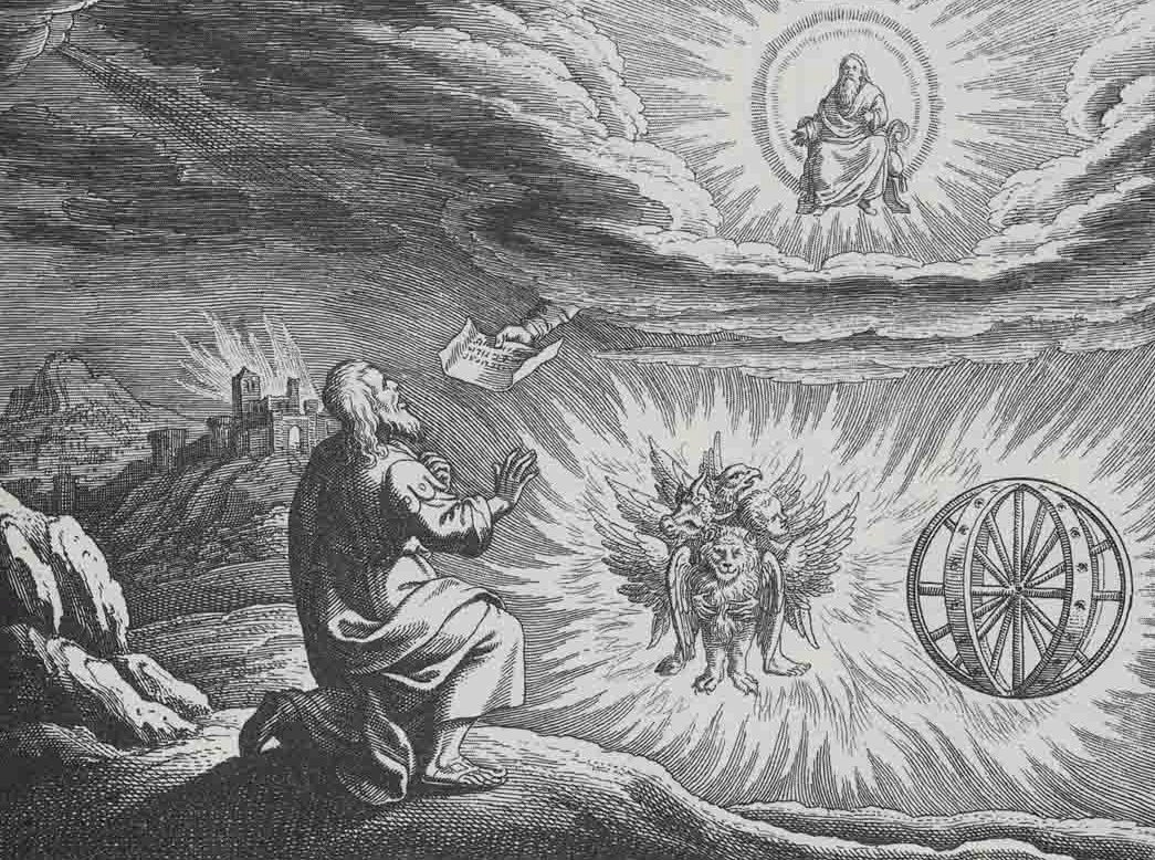 A historical engraving depicts Ezekiel beside a fiery multiheaded creature and a large intersecting wheel.