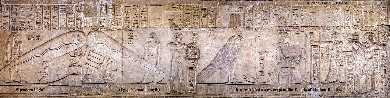 Reliefs at Dendera show elongated forms around serpents, with the source photographer’s annotations retained.