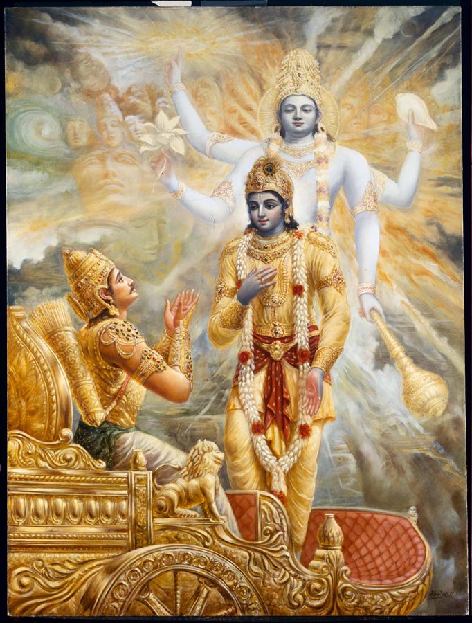 Krishna reveals a radiant cosmic form while Arjuna kneels beside a chariot.
