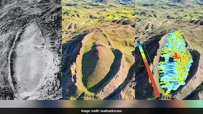 A composite shows the boat-shaped Durupinar formation in aerial photographs alongside a colored subsurface visualization.