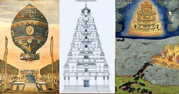A collage juxtaposes a balloon illustration, a temple elevation, and a painting of a flying palace.